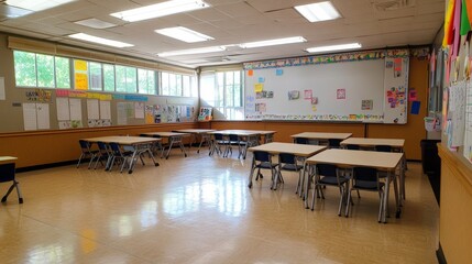 2410 58.A brightly lit, empty elementary classroom, with chairs placed neatly under the desks. The absence of students during the term break creates a quiet and orderly atmosphere, with the bright