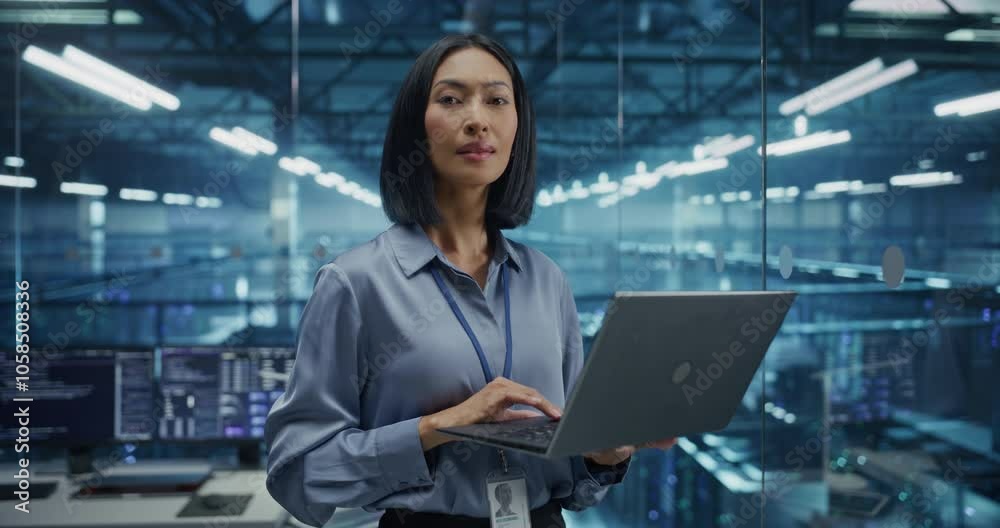 Leinwandbilder Portrait of a Data Center Administrator Standing in a High-Tech Server Room, Optimizing Server Configurations on a Laptop Computer. Female Specialists Looking at Camera and Smiles. Static Footage