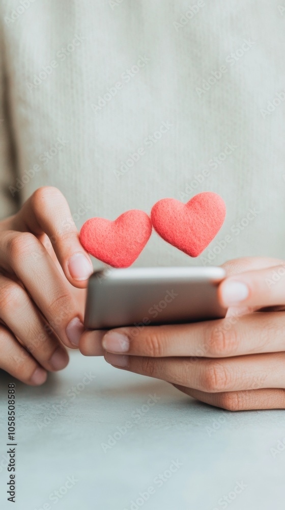Poster Heartfelt Texting Close-Up of Hands Typing Message with Heart Emojis on Smartphone