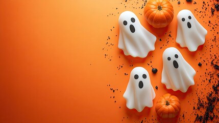 Fun Halloween-themed design featuring small ghosts and pumpkins on vibrant orange background