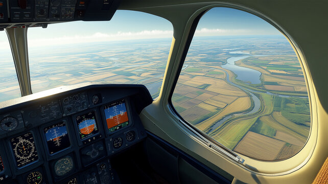 飛行機の窓からの田園風景