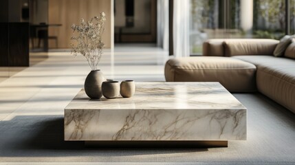 2410 85.A contemporary marble coffee table with a neutral finish, highlighted by natural light from large windows. The blurred background of the spacious living room includes modern furniture,