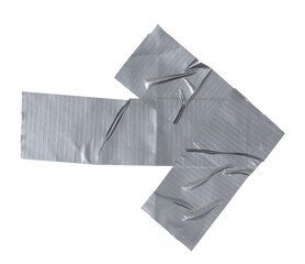 Metallic arrow made from torn strip of repair tape on white background, copy space