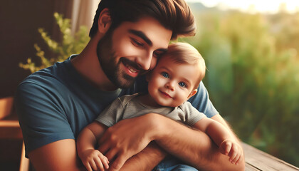 A joyful parent holding their child in a sunny park, capturing the essence of family love and happiness
