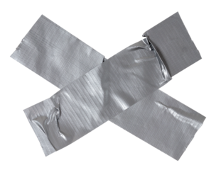 Isolated cross made from torn strip of repair tape with copy space on white background