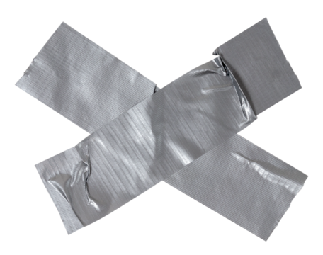 Isolated cross made from torn strip of repair tape with copy space on white background