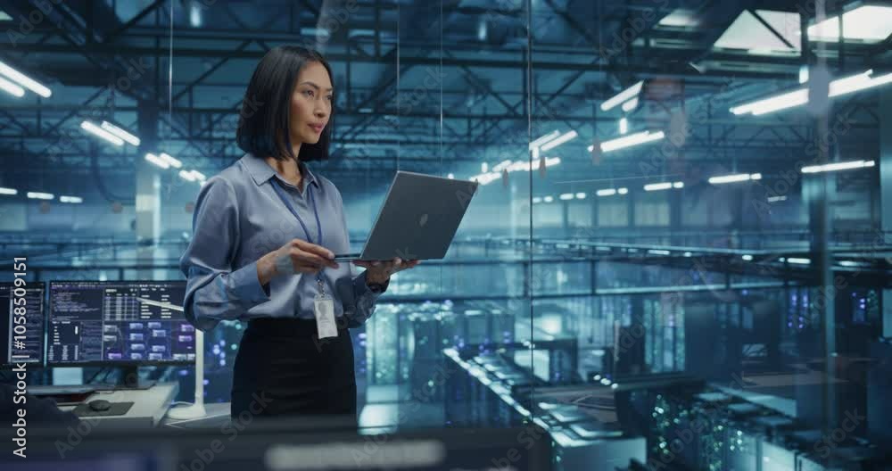 Aufkleber Asian Software Developer Analyze System Performance Metrics on a Laptop Inside a Modern Data Center. Young Female Manager Ensuring Efficient Operations for Critical Infrastructure
