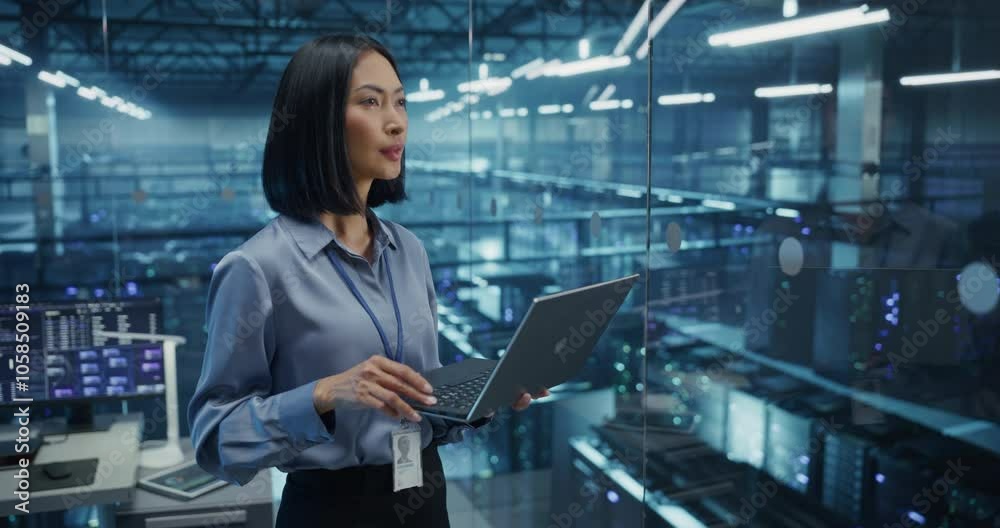 Poster Portrait of a Asian Female Data Center Specialist Analyzing System Performance on a Laptop, Optimizing Cybersecurity Protocols in a High-tech Facility. Developer Monitors Real-time Data on Computer