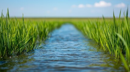 Obraz premium Water-efficient crop irrigation system in a drought-prone area, crops resources, water conservation in farming