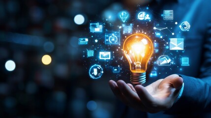 2410 34.A glowing light bulb held by a businessman, with virtual ebook icons and digital symbols surrounding him. The soft glow from the light bulb and the digital interface creates a futuristic
