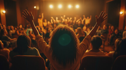 back shot of stand up comedy audience in chairs, laughing hysterically with their hands in the air. back facing camera