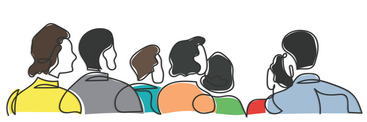 Hand drawn line art vector of a group of people from rear view.