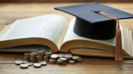2410 25.A graduation cap on an open book, with small piles of coins beside it. The scene represents the financial investment in higher education, combining the themes of academic success and the need