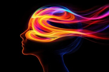 Obraz premium Boundless Imagination: A head silhouette with glowing, vibrant shapes spiraling outward, representing creative thoughts and endless ideas. 