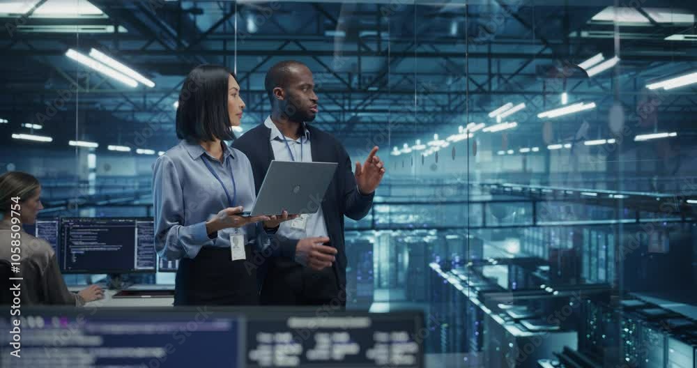 Poster two diverse data center engineers, a black male and a asian female, collaborate using a laptop compu