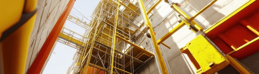 A construction site featuring scaffolding and structural elements for building work.