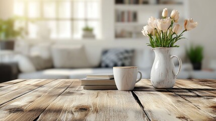 2410 95.A polished wooden tabletop adorned with minimal decor, including a coffee cup, books, and a small vase of flowers. The blurred Scandinavian living room in the background creates a cozy and