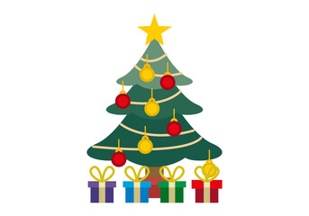 Árbol de navidad con bolas de navidad, regalos y estrella