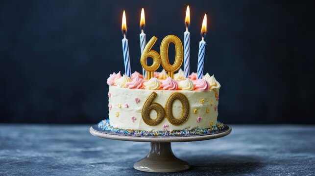 Celebratory 60th Birthday Cake with Candles and Gold Numbers
