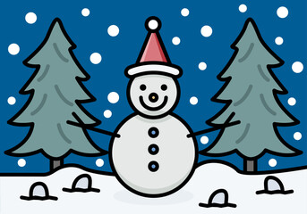 Dibujo navideño con muñeco de nieve con gorro de papa noel y paisaje nevado con pinos