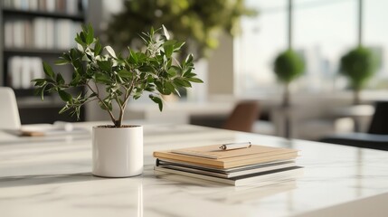 2410 88.A sleek marble tabletop adorned with minimal decor, including books, stationery, and a small potted plant. The blurred office environment in the background adds a professional feel, while the