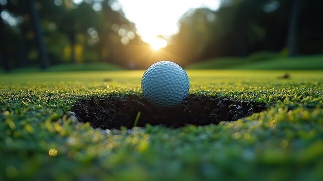Golf ball falling into hole, capturing the moment of victory in sports