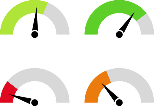 Dashboard colorful speedometer icons set. Tachometer icon isolated. Performance indicator sign. Car speed. Fast internet speed sign. Speedometer icon. 3D meter with green, yellow, red indicators.
