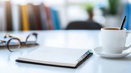 2410 79.A white desk with a few scattered stationery items, books, and an open notebook placed beside a cup of coffee. The blurred background of a study room adds to the serene atmosphere, with