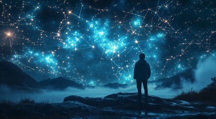 Fototapeta premium Stargazer Witnesses Northern Lights and Meteor Showers Celestial Beauty for Earth Day or Solstice Celebrations