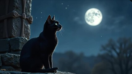 A black cat sitting on a cement step looking up at the moon