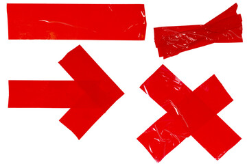 Isolated collection of red torn figures made of repair tape on white background