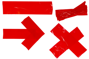 Isolated collection of red torn figures made of repair tape on white background