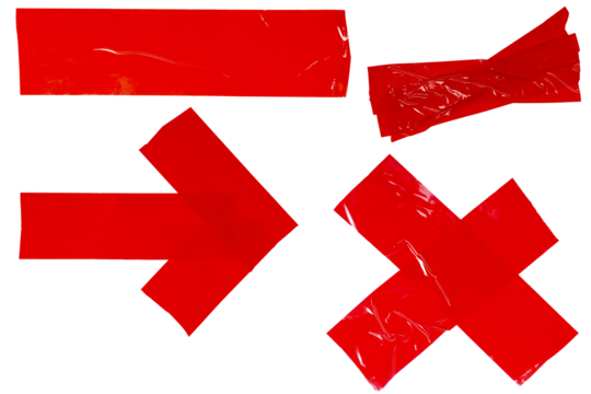 Isolated collection of red torn figures made of repair tape on white background