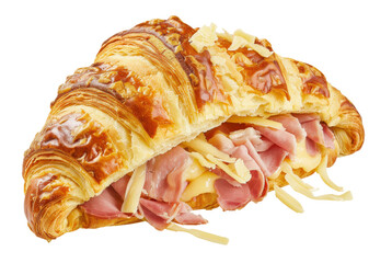 Savory croissant filled with ham and cheese, perfect for breakfast or a snack, isolated on a white background.