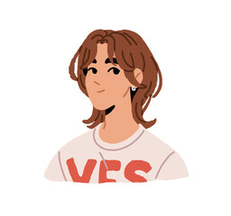 Avatar of cute girl with bob haircut and bangs. Portrait of happy young woman with pretty face for user profile. Stylish beautiful teen female. Flat isolated vector illustration on white background