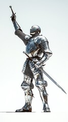 Obraz premium Medieval Knight in Full Armor Holding a Sword Up Isolated