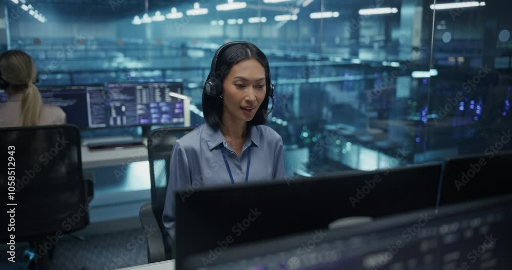 Poster asian female customer support wearing headphones, takes a call in the data center office, managing a