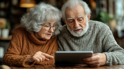 Elderly couple enjoying time together while using a tablet at home.