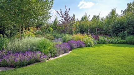 Elegantly arranged green grass lawn complemented by expertly planted ornamental plants and trees, with vibrant flowers enhancing the scenery and providing ample copy space.