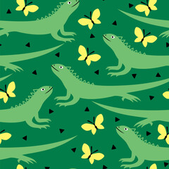 Vector seamless pattern with iguanas and butterflies