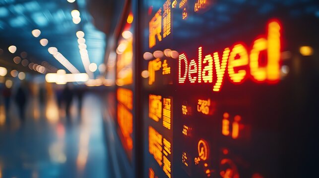 Flight information display showing delayed status in an airport terminal.