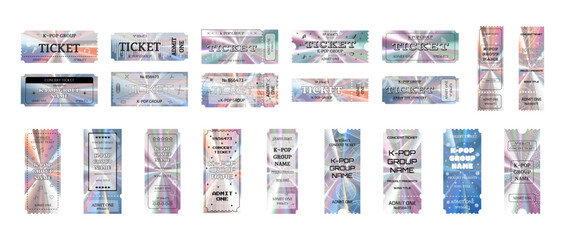 Big set of holographic tickets for a K-pop group music concert. Vector illustration isolated on white background
