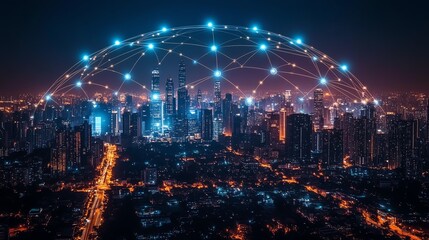 Fototapeta premium Futuristic city skyline with digital network connections and glowing lights.