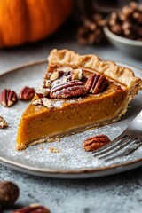 Slice of pumpkin pie topped with pecans on a plate, with autumn decorations in the background, creating a cozy seasonal feel