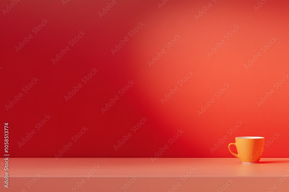 Poster minimalist red table with yellow cup and warm bokeh background - vibrant stock image