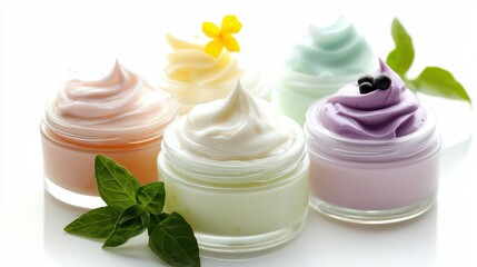 Cream Products. An array of different cream products in small jars on a clean white background.