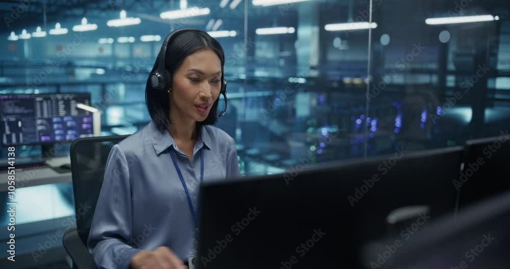 Poster Asian Woman with Headphones Having a Conversation on a Call while Working on Her Computer in Data Center Office. Specialist Collaborating with the Team on Network Security Adjustments