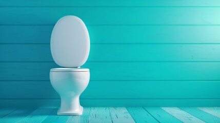 Modern toilet against a bright turquoise wall in a minimalist bathroom setting, banner, copy space