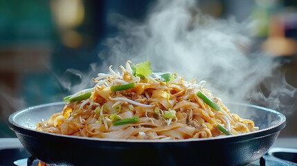 a steaming hot plate of Pad Thai, emphasizing freshness and heat, with a soft bokeh effect in the background for a professional and enticing look.