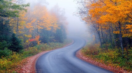 Fototapeta premium Windy road disappears into dense fog, surrounded by vibrant fall forest scenery. This image captures the enchanting ambiance and mystery of a foggy, wooded landscape with ample copy space.